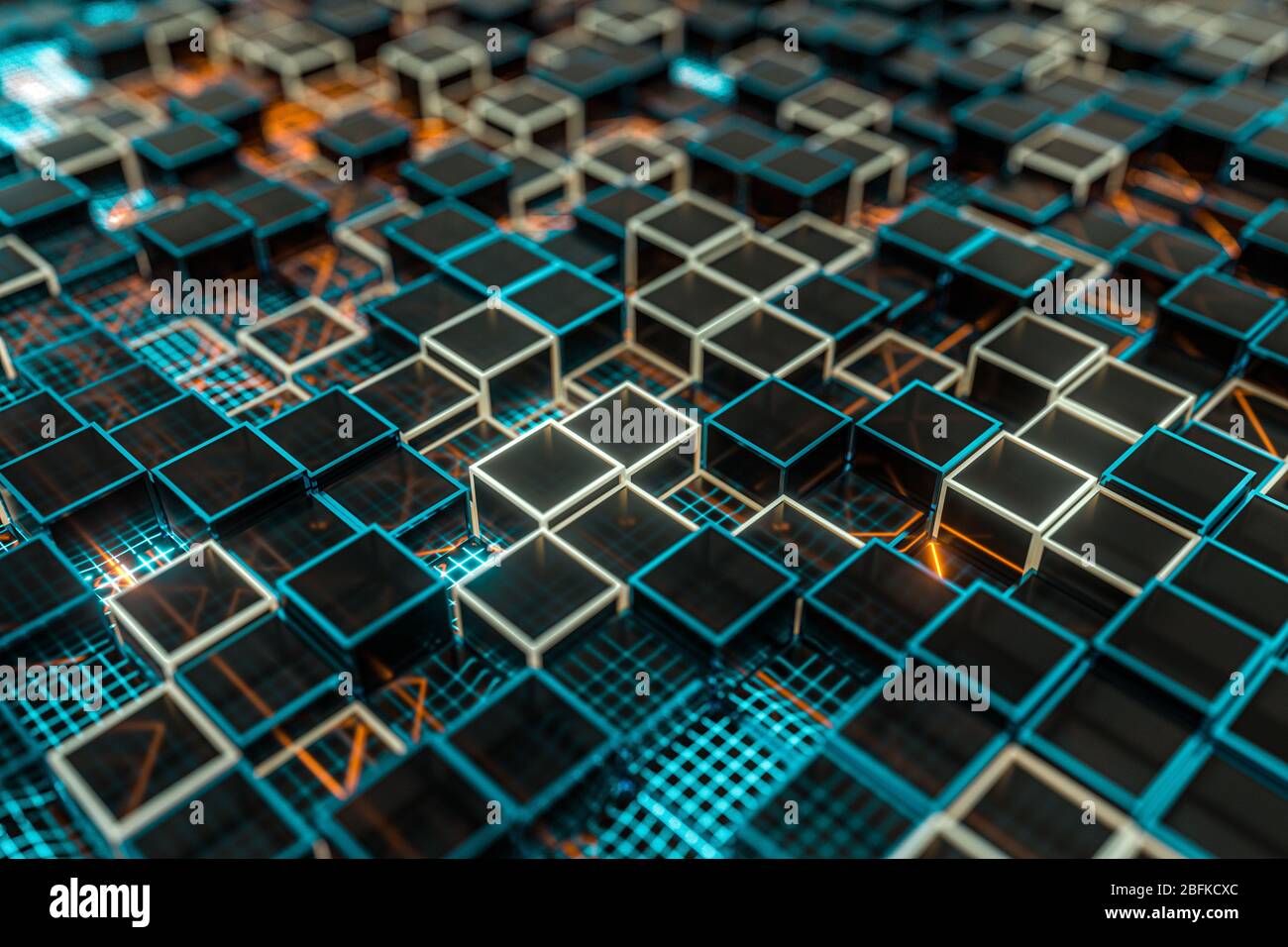 Glowing cubes block, glass material, 3d rendering. Computer digital ...