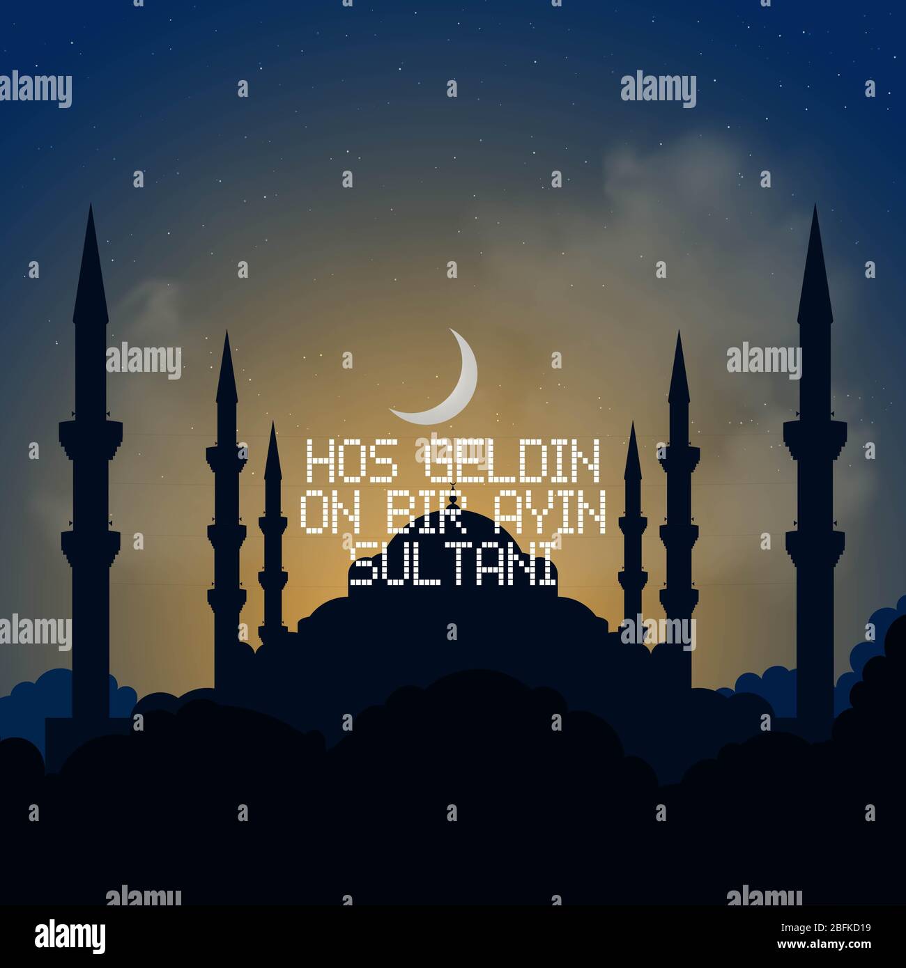 Welcome Ramadan Month (Turkish Hosgeldin Ya Sehri Ramazan), vector study on the istanbul silhouette of Blue Mosque Stock Photo