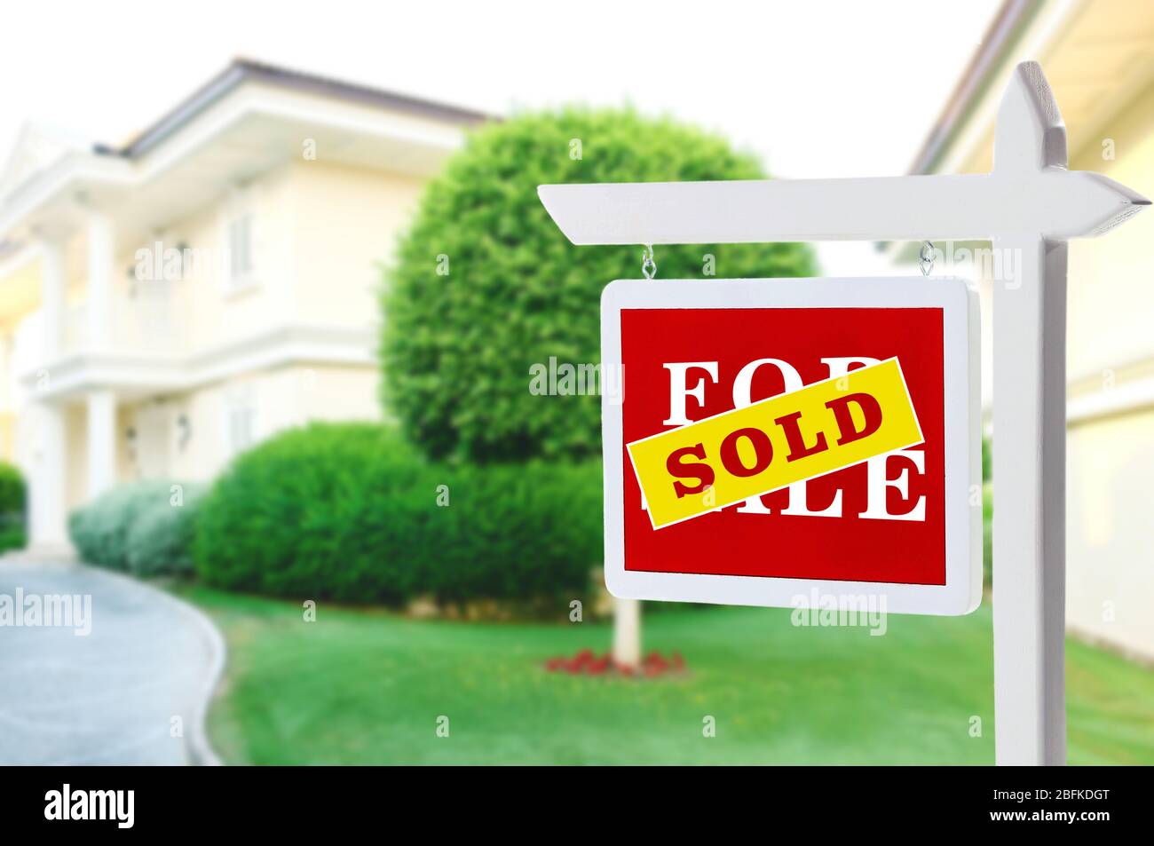 Real estate sign in front of new house for sale Stock Photo - Alamy