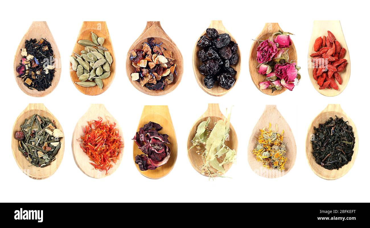 Collection of tea and natural additives in wooden spoons, isolated on ...