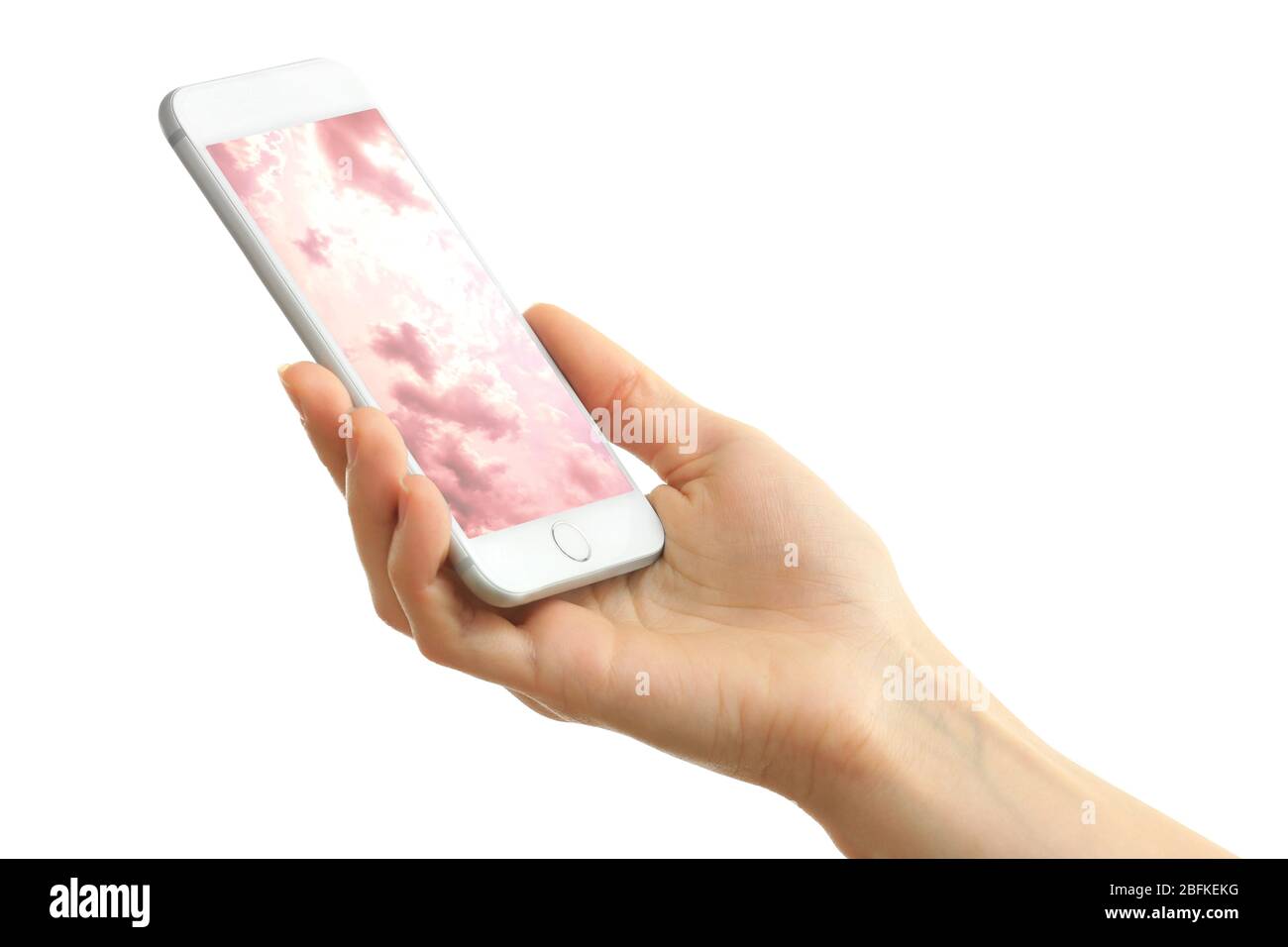 Hand holding mobile smart phone with sky in screen. Cloud computing concept Stock Photo