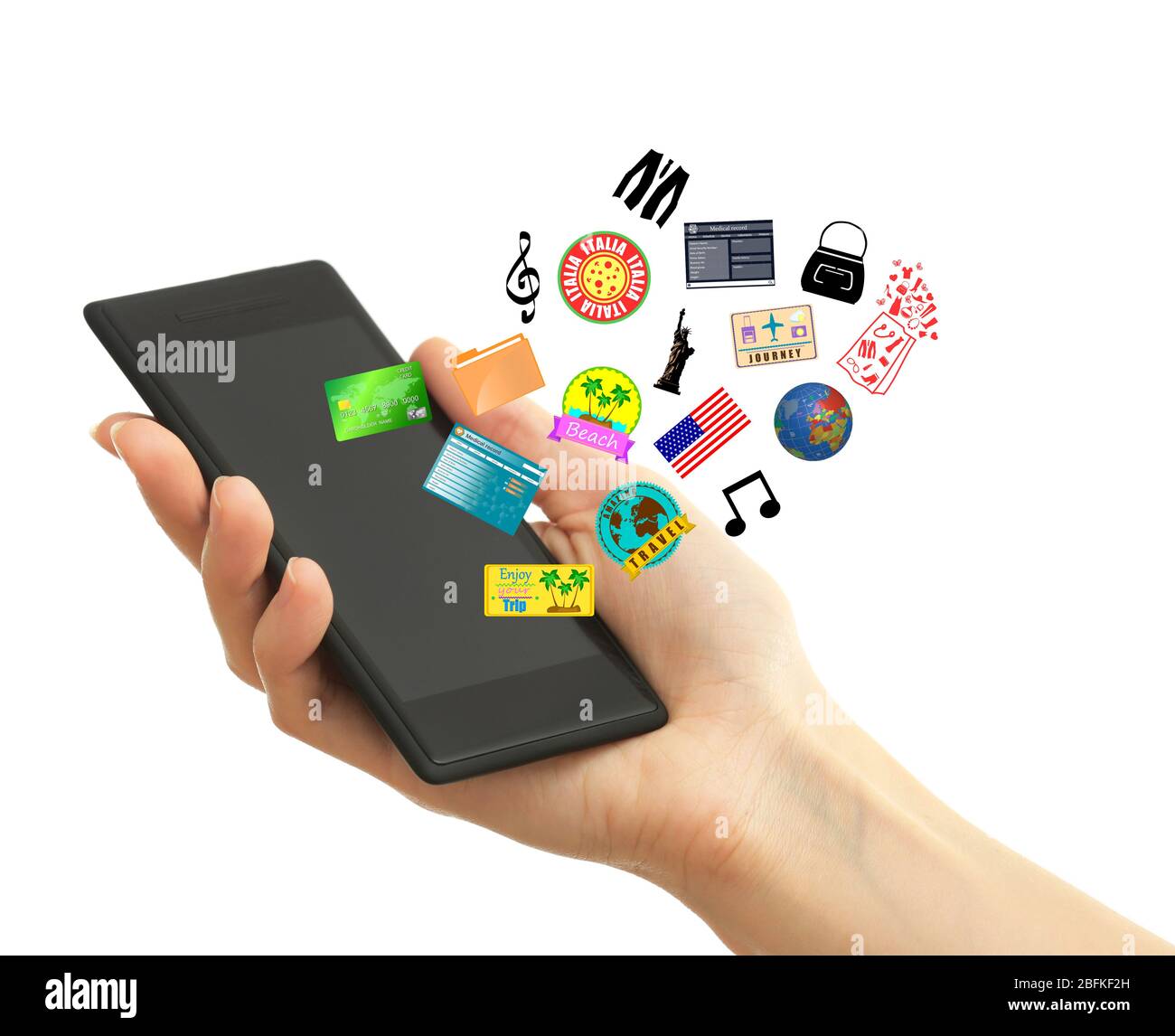 Hand holding smartphone with different icons, isolated on white Stock ...