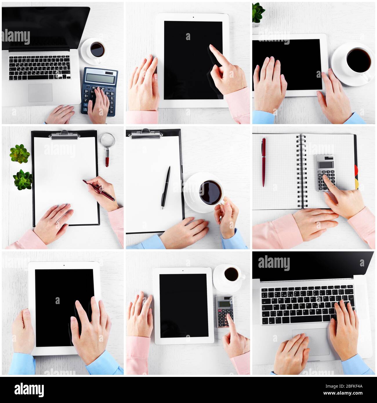 Collage of photos with hands working in the office Stock Photo Alamy