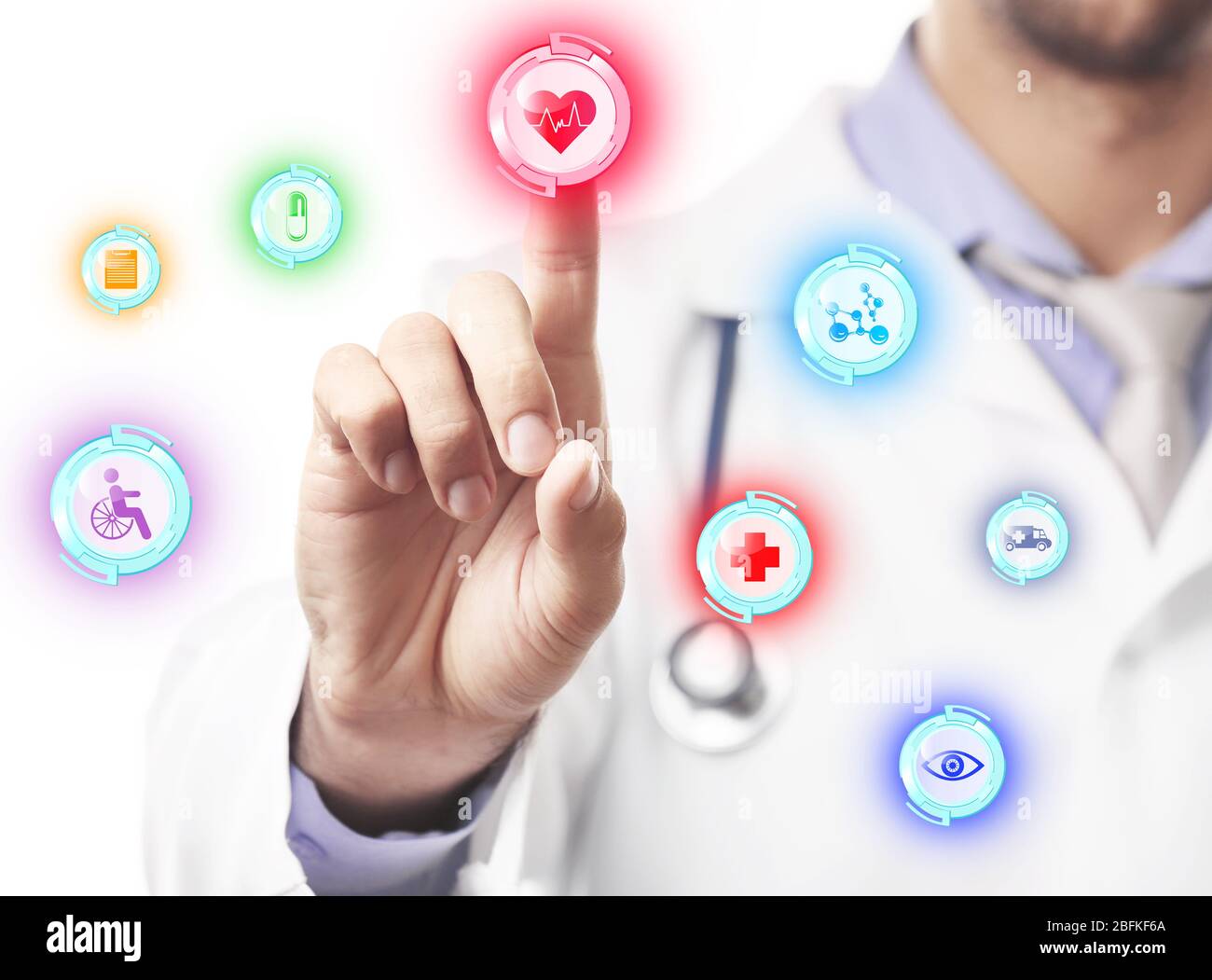 Doctor hand working with modern medical icons, close up Stock Photo