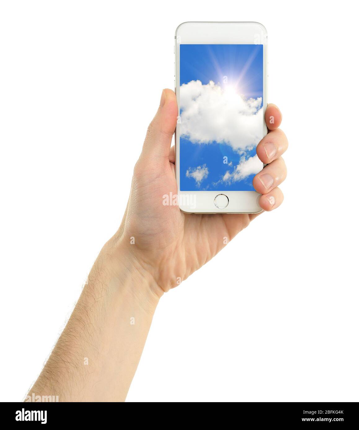 Hand holding mobile smart phone with sky in screen. Cloud computing ...