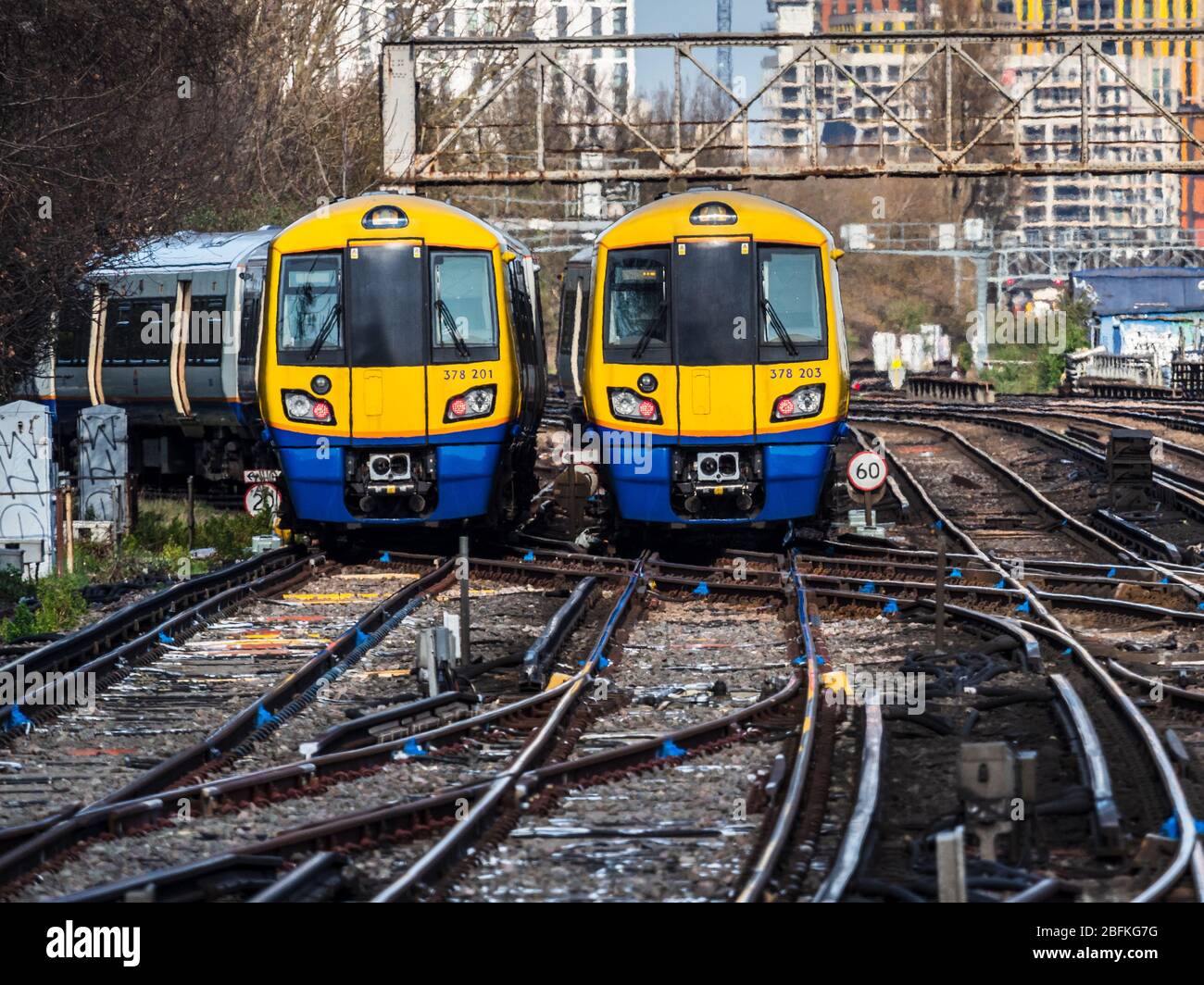 London Overground Capitalstar trains outside Clapham Junction Station in South London. British Rail Class 378 Capitalstar. Stock Photo