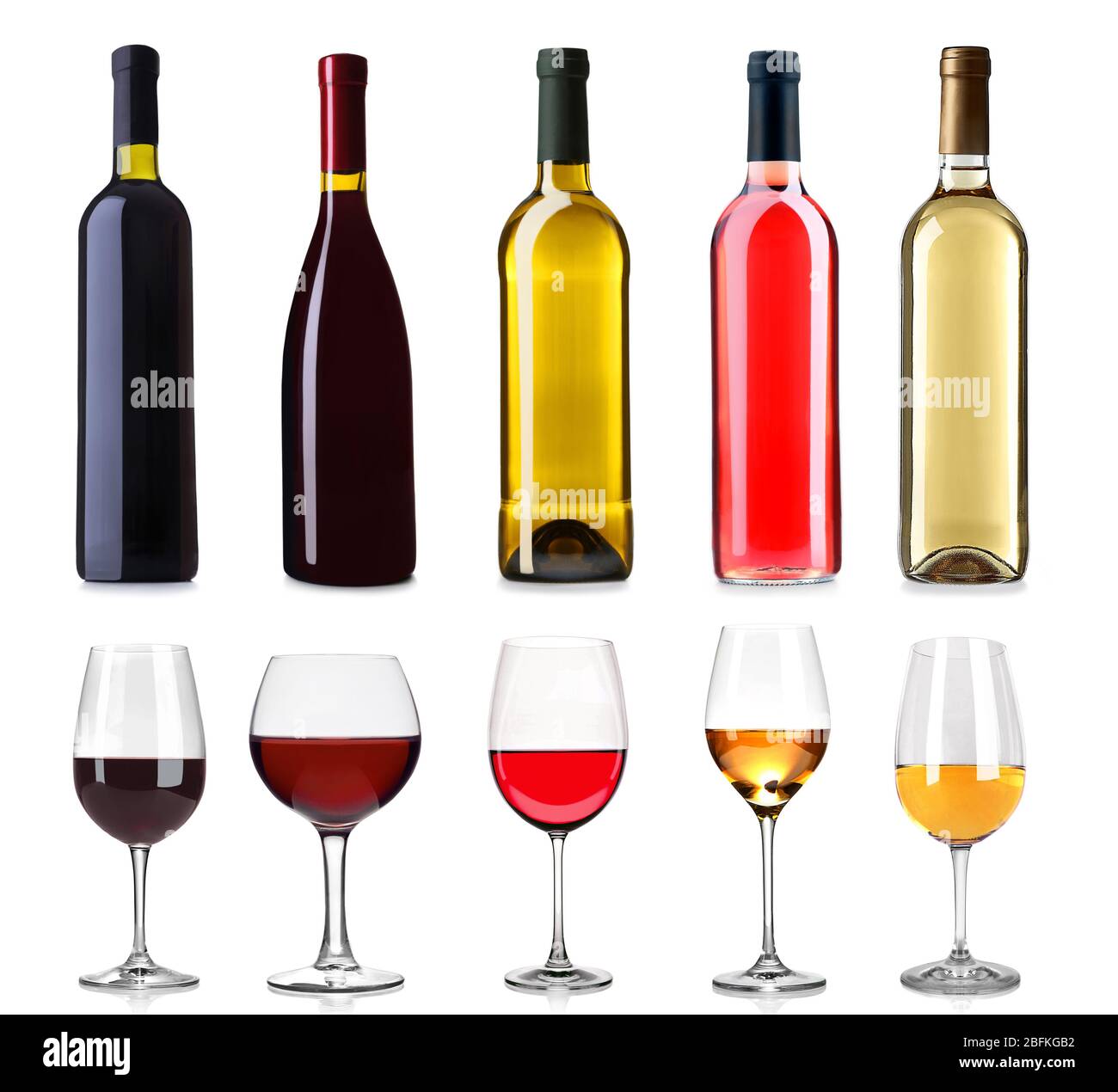 Set of white, rose, and red wine bottles and glasses, isolated on white ...