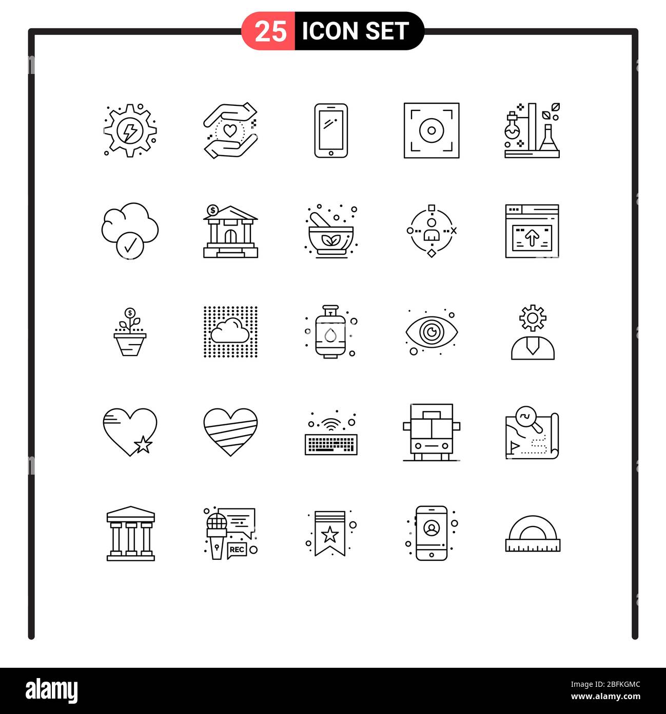 Pack of 25 creative Lines of flask, video, phone, camera, samsung Editable Vector Design Elements Stock Vector