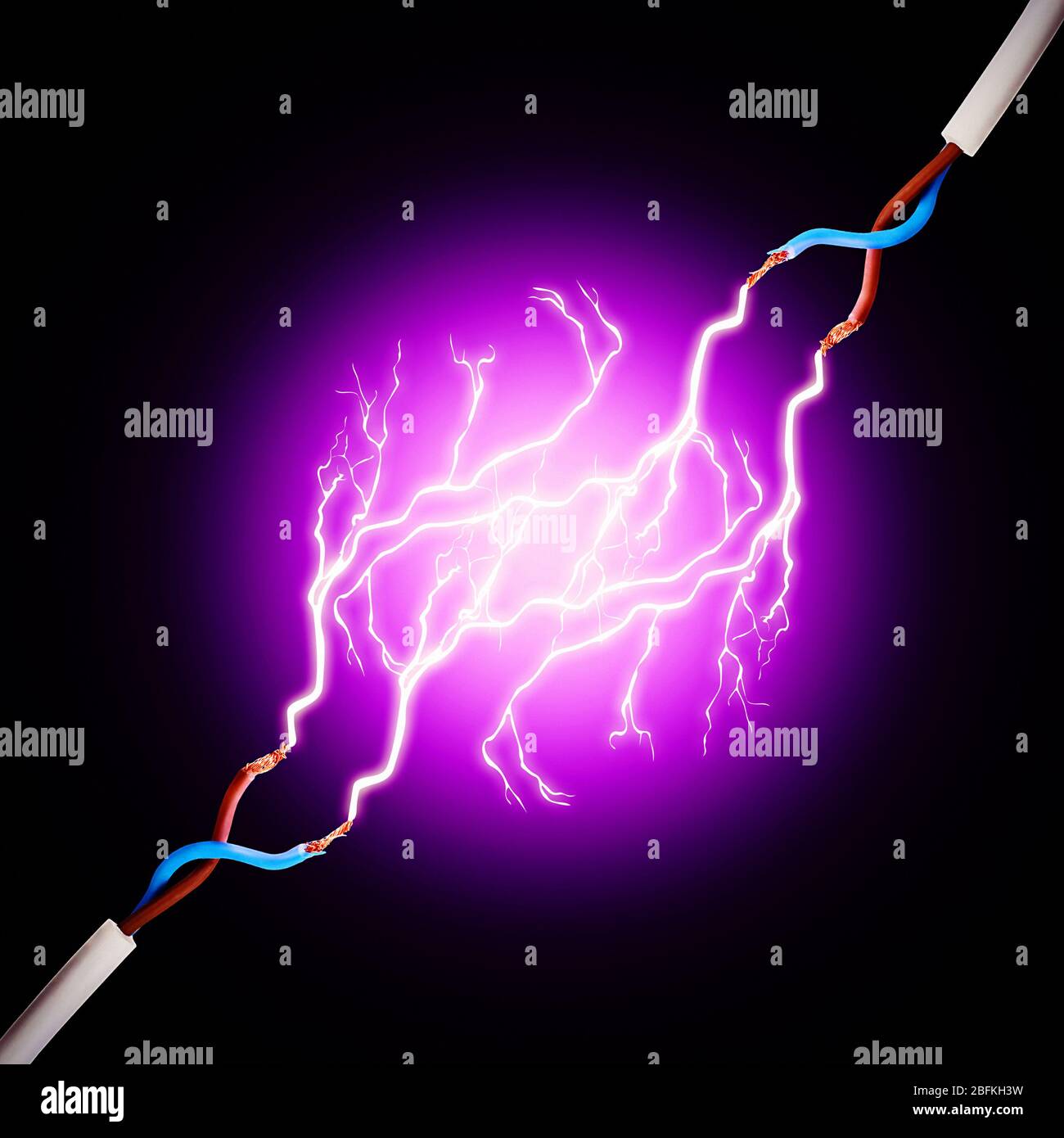 Electric cables with glowing electricity lightning, close u Stock Photo