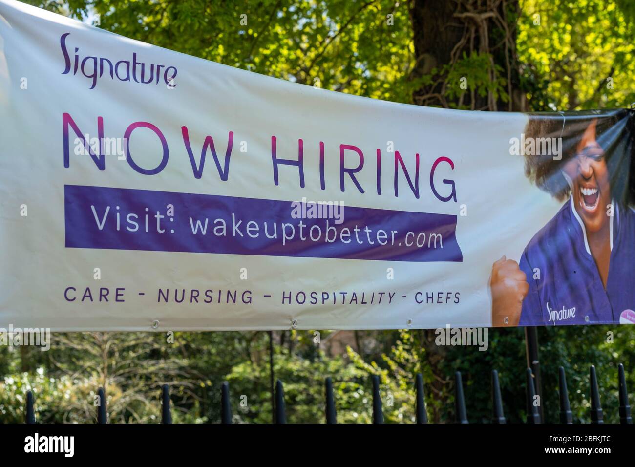 Care homes Brentwood Essex UK, The Beeches senior living and care home, Now hiring sign for care staff, wakeuptobetter sign, Stock Photo