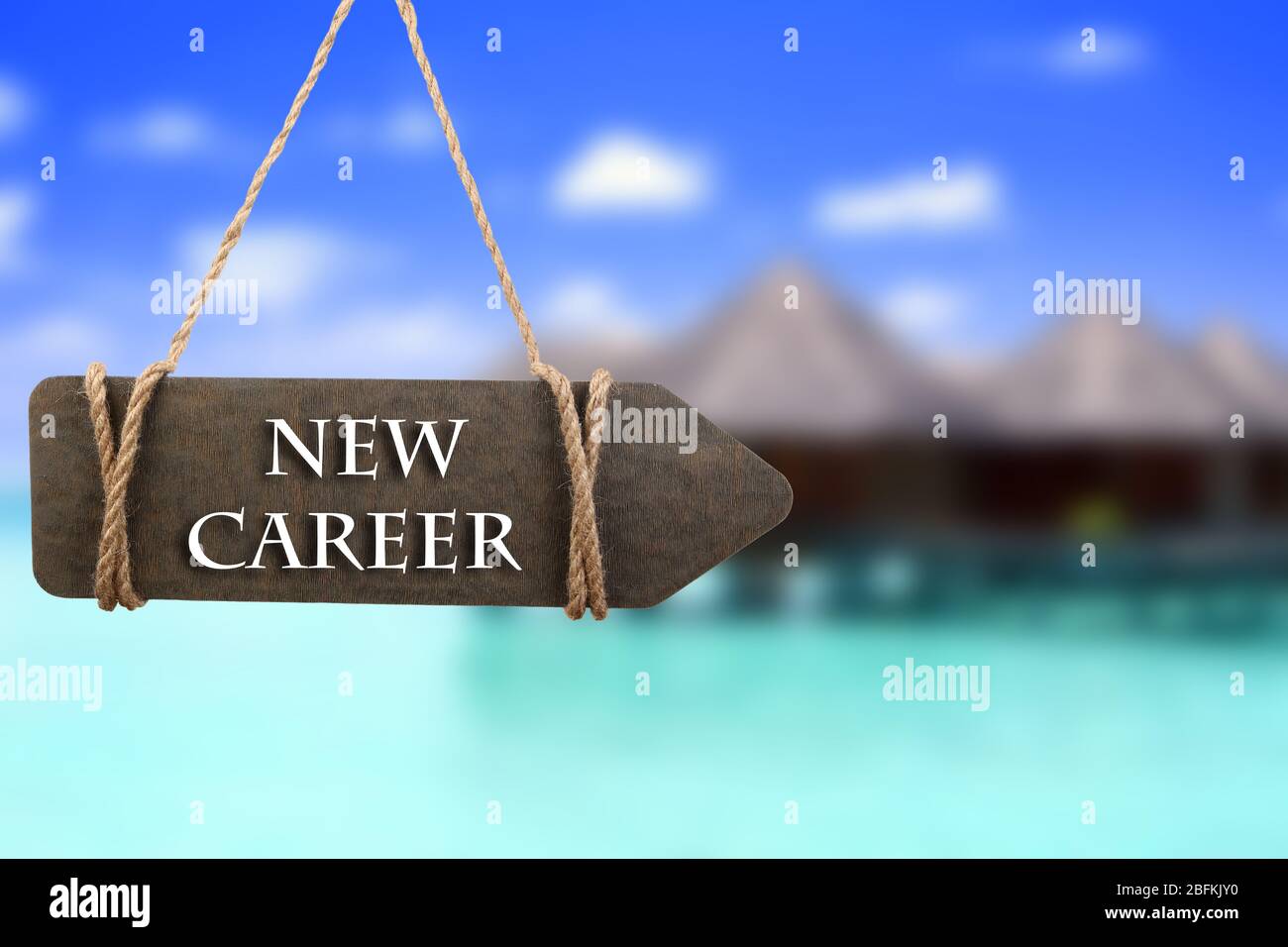 Dream job concept. Wooden sign arrow on nature background Stock Photo