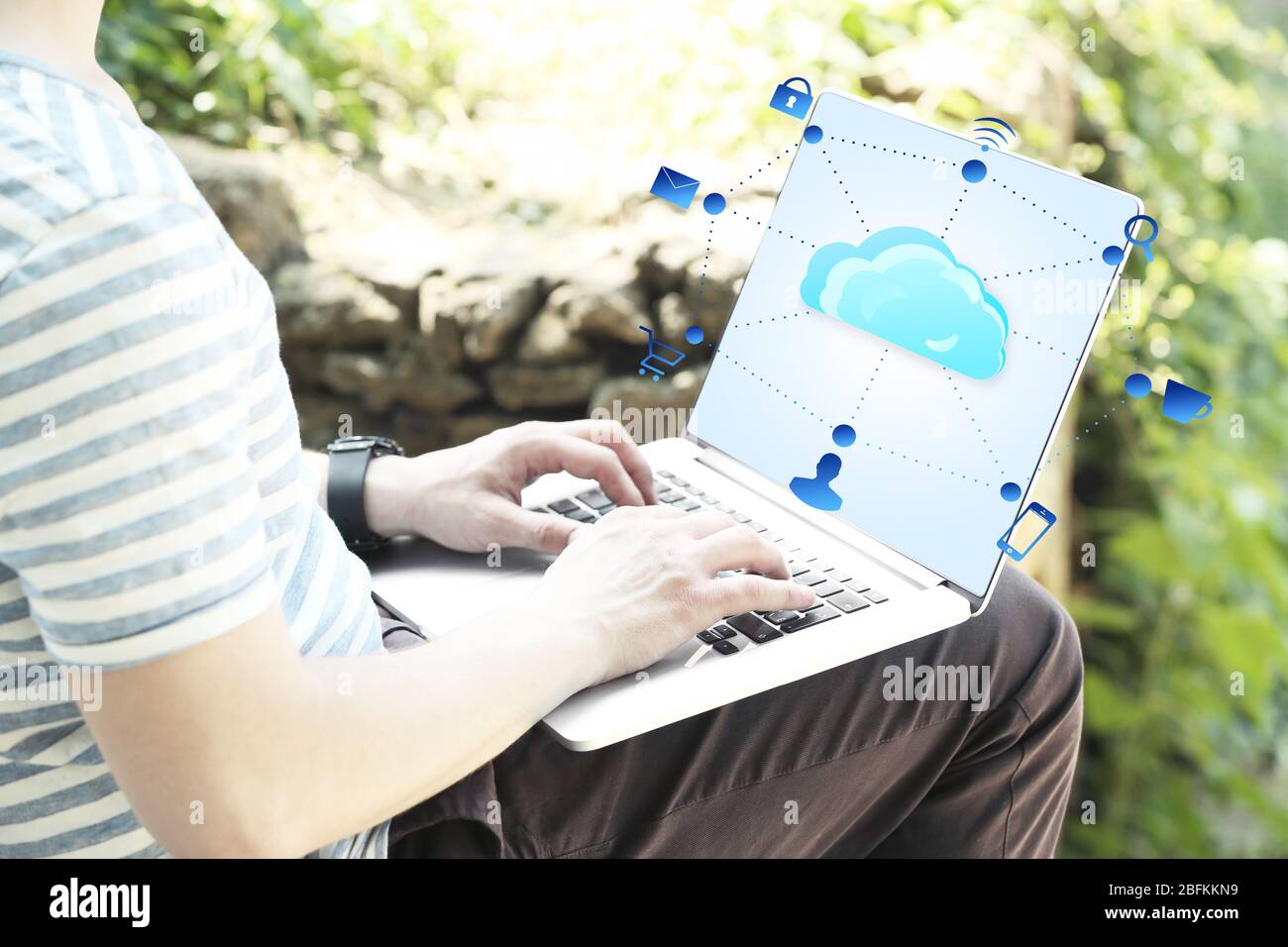 Man working with  cloud computing diagram, modern technology concept Stock Photo