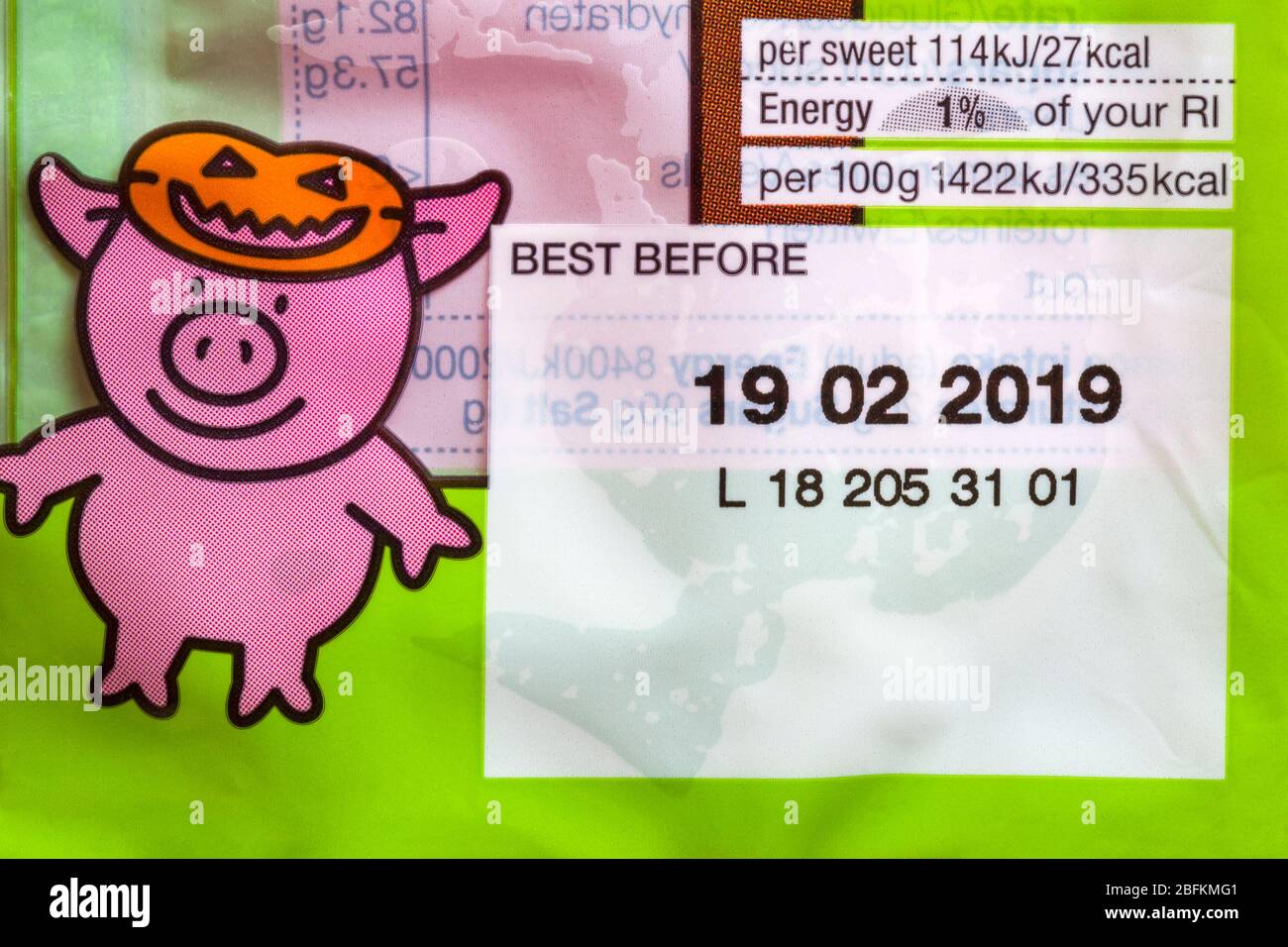 Best before date on packet of M&S Percy pumpkin sweets - Percy Pig sweets Stock Photo