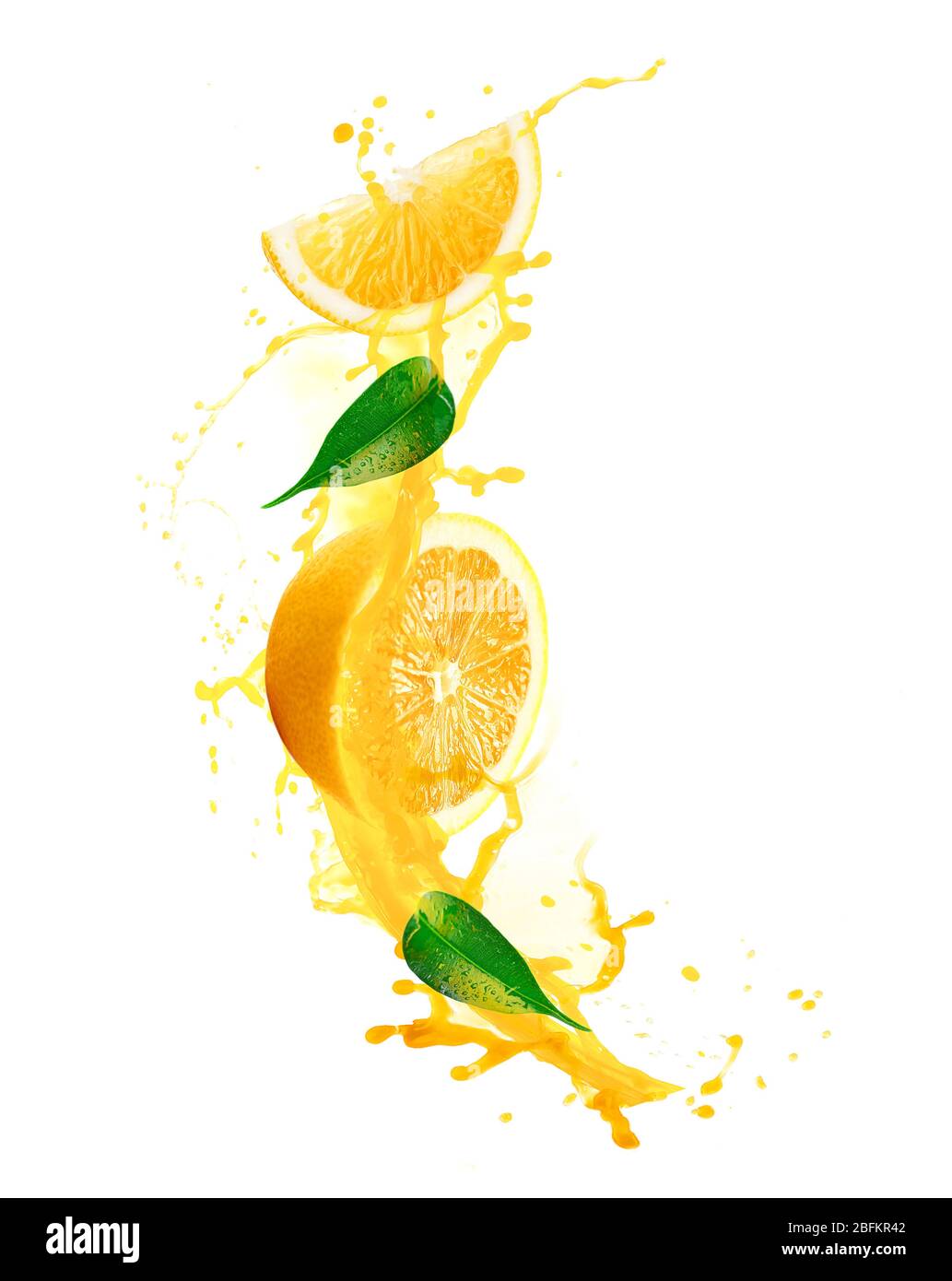 Orange juice splashes isolated on white Stock Photo