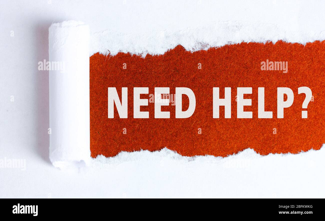 Torn paper with red background and text Need help Stock Photo - Alamy