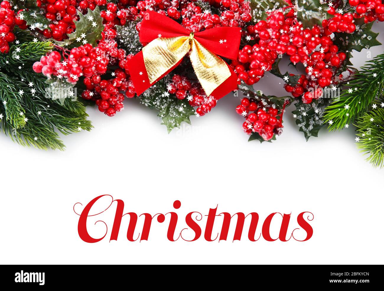 Christmas tree branch with red berries and bows on white background ...