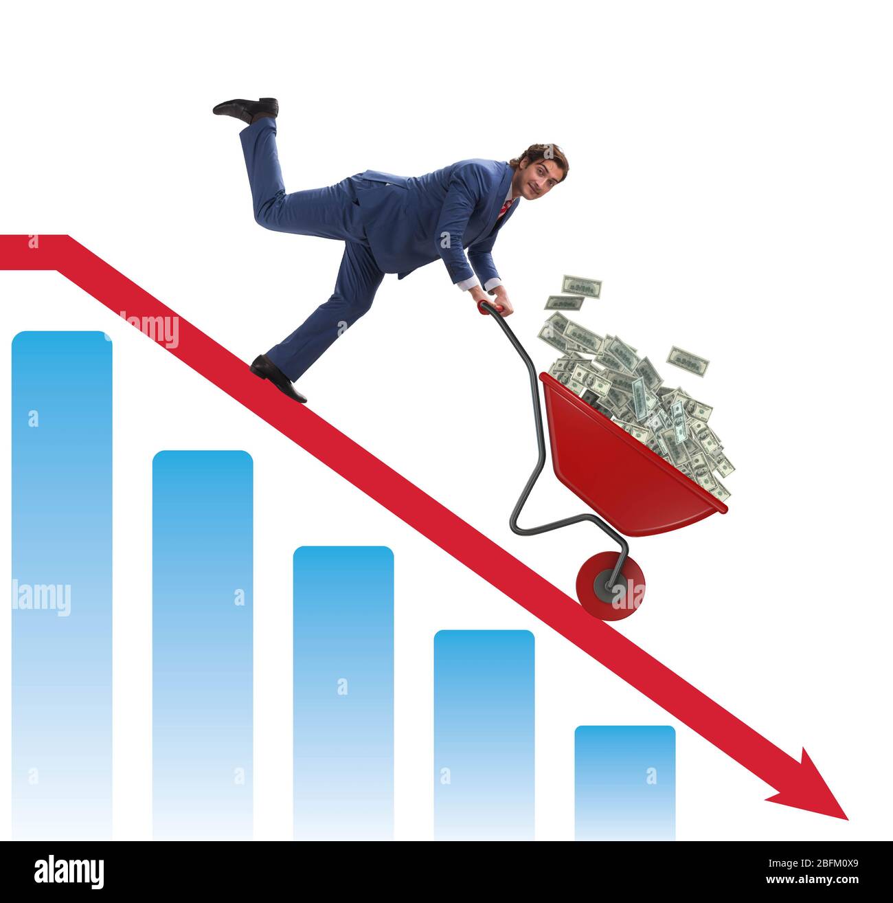 The businessman pushing money wheelbarrow down the chart Stock Photo