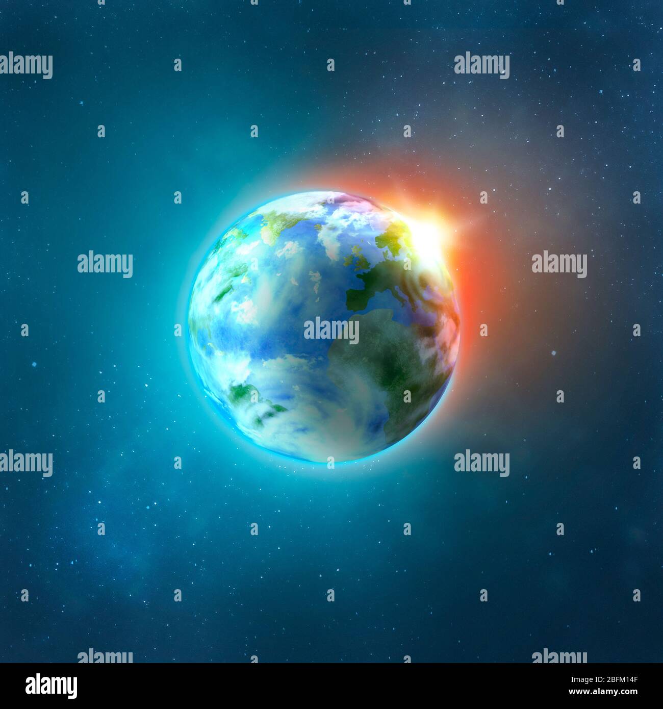 Planet earth with sun rising from space, vector image Stock Photo - Alamy