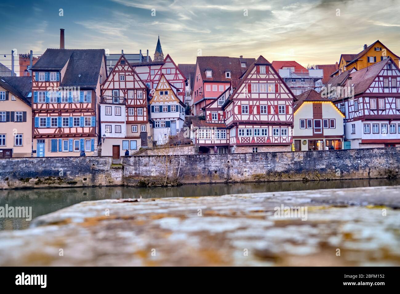 Half-timbered houses on the river, Medieval, Schwaebisch Hall, evening mood at sunset, romantic Stock Photo
