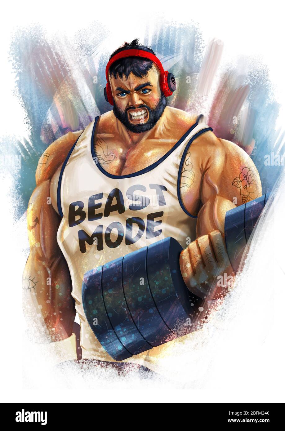 Digital illustration of muscular man with tattoo’s and headphones and beast mode written on his vest lifting weights Stock Photo