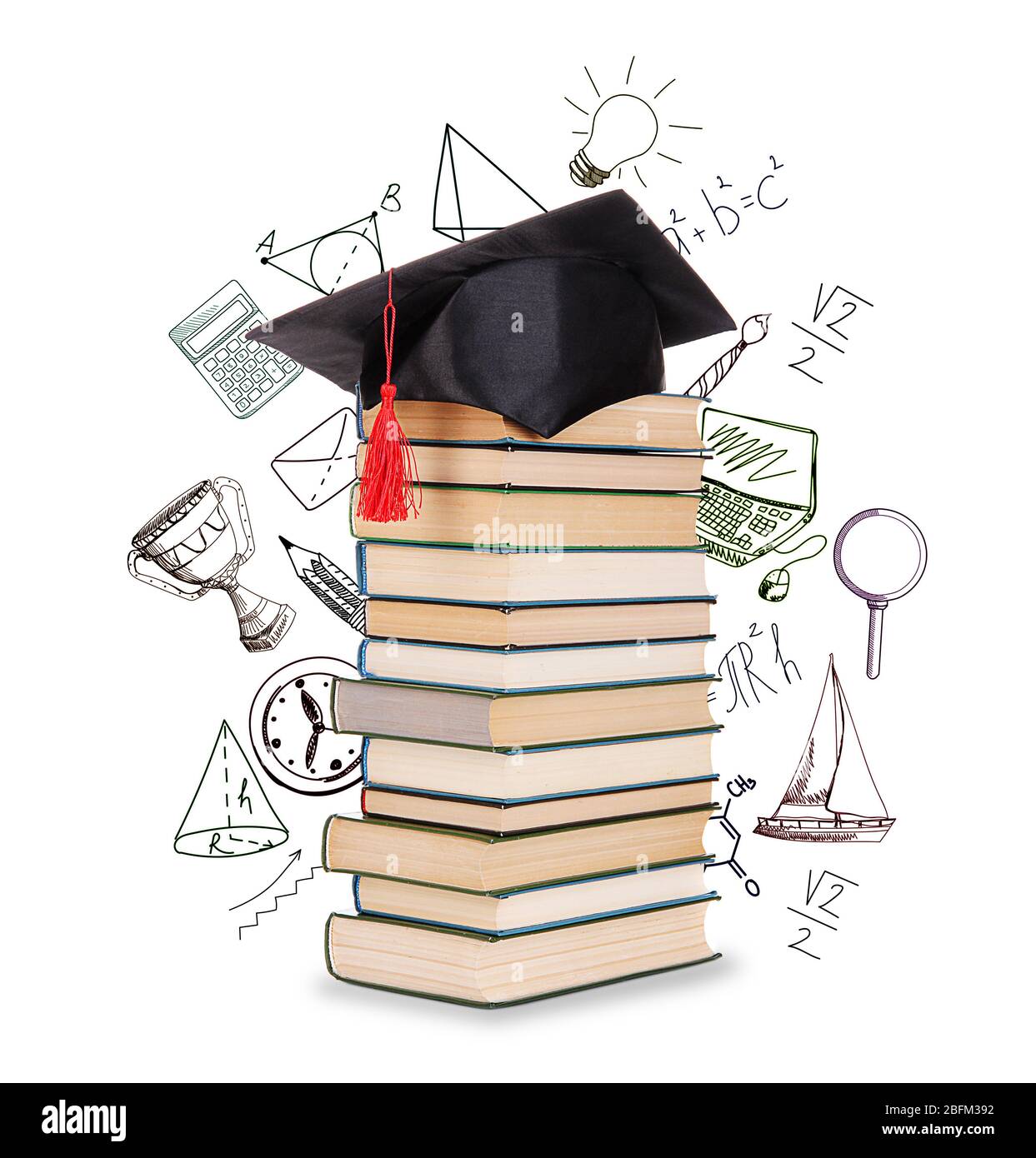 Pile of books with grad hat and vector images, isolated on white Stock Photo