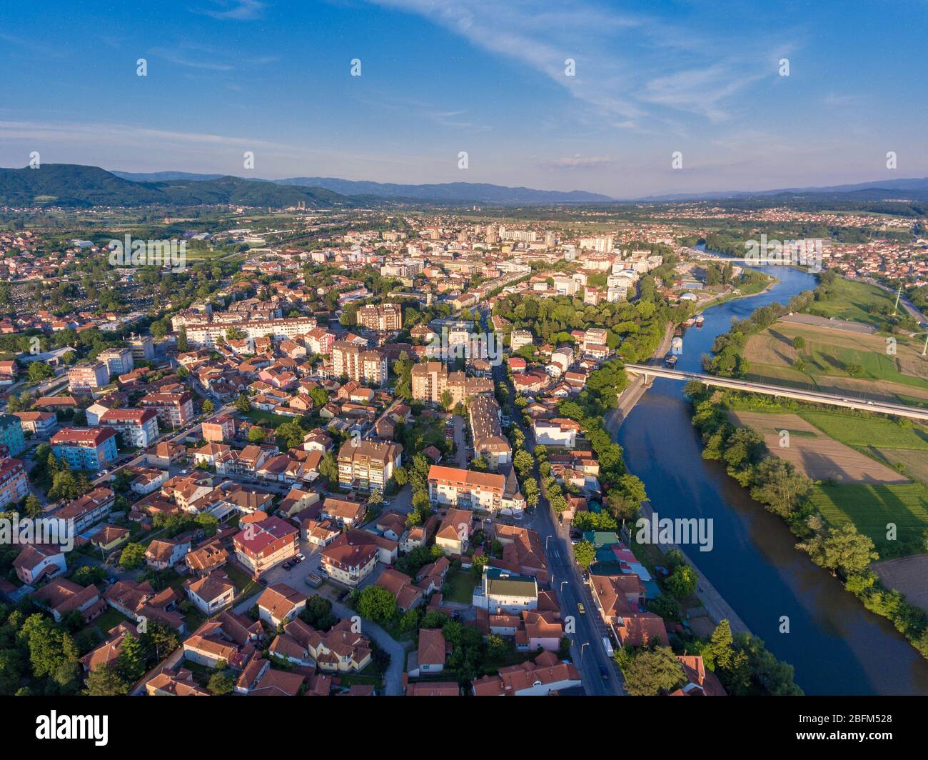 Kraljevo, Aerial view panorama of city in Serbia, administrative center of the Raška District in central Serbia, Stock Photo