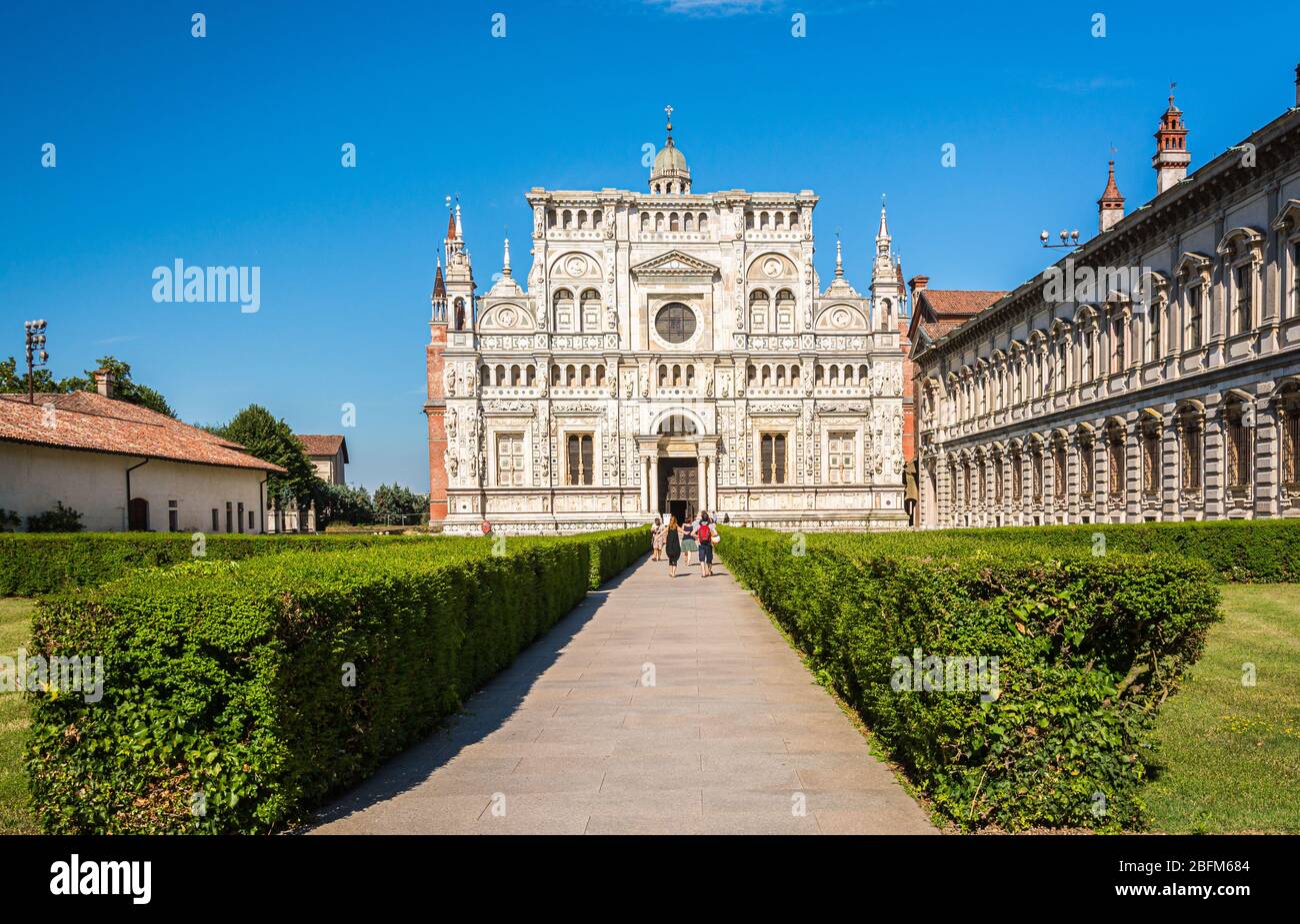Abbey church, Certosa di Pavia monastery, Lombardy, Italy. View of the Facade. Pavia, northern Italy, june 28, 2015 Stock Photo