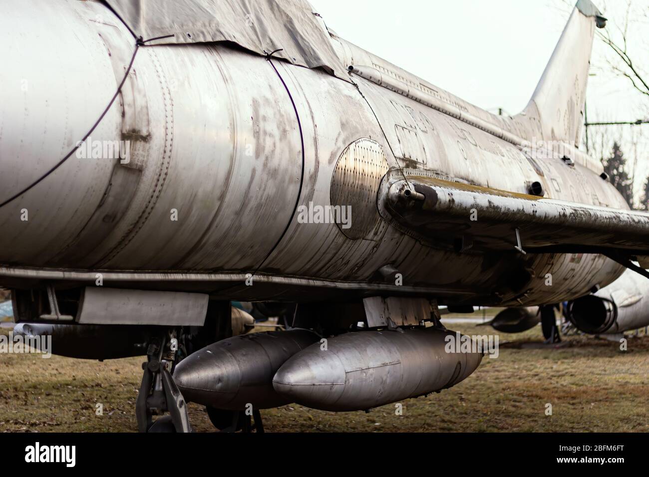 old silver soviet fighter jet at outdoor museum Stock Photo