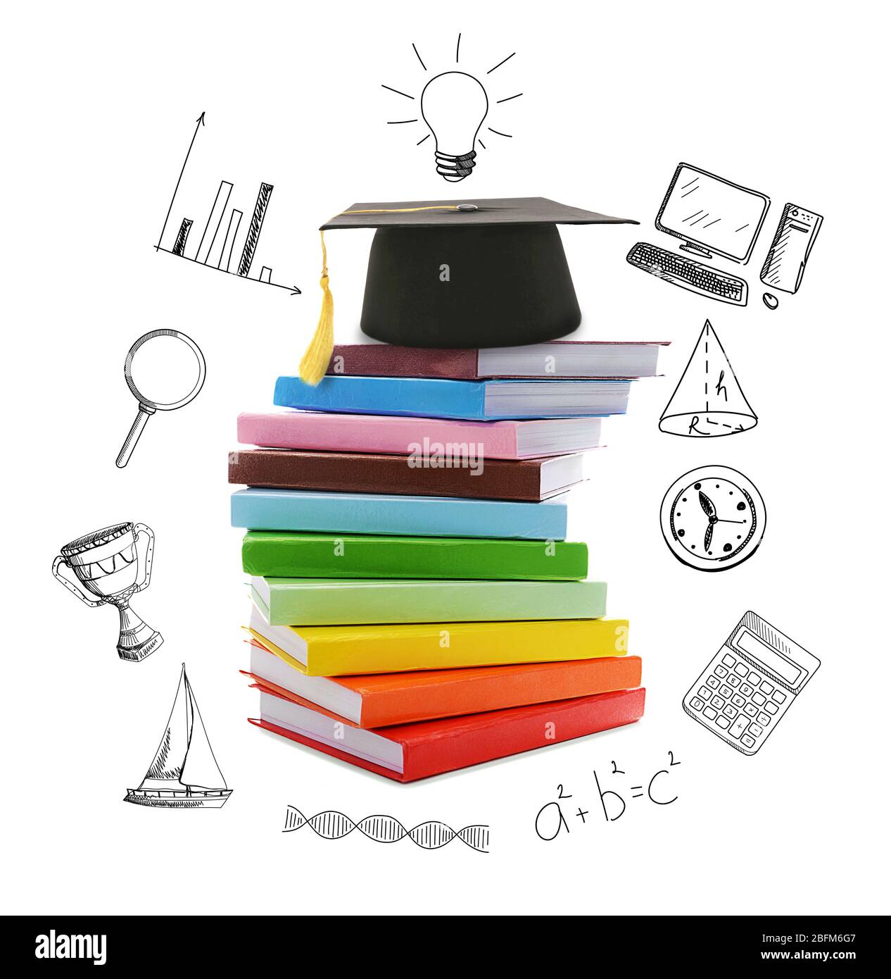 Pile of books with grad hat and vector images, isolated on white Stock Photo