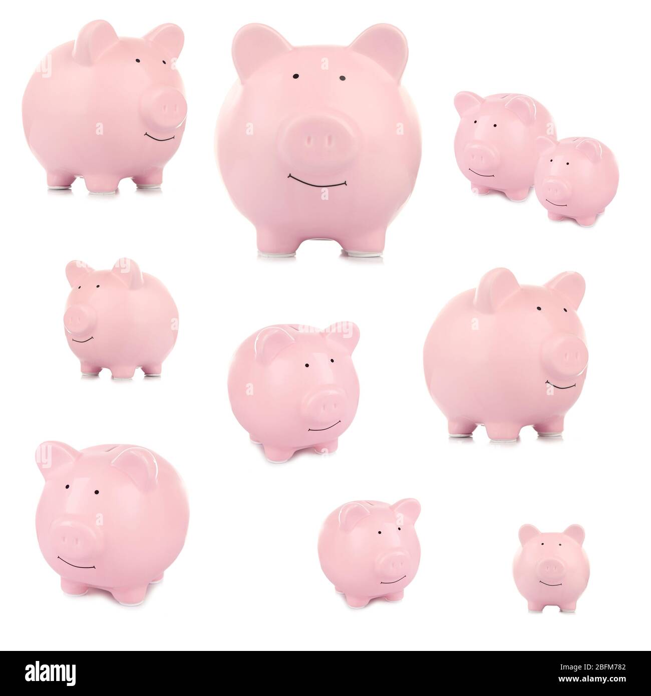 Collage of pink ceramic piggy banks isolated on white Stock Photo - Alamy