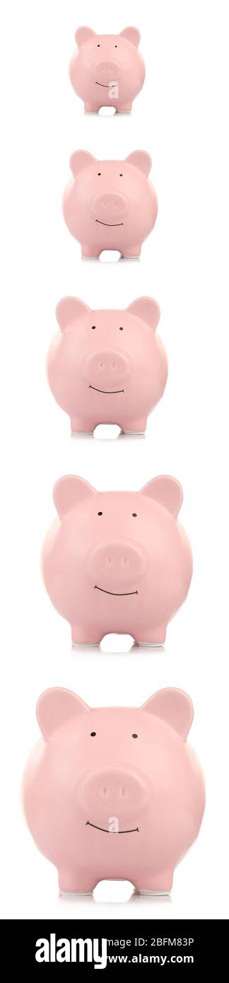 Collage of pink ceramic piggy banks isolated on white Stock Photo - Alamy