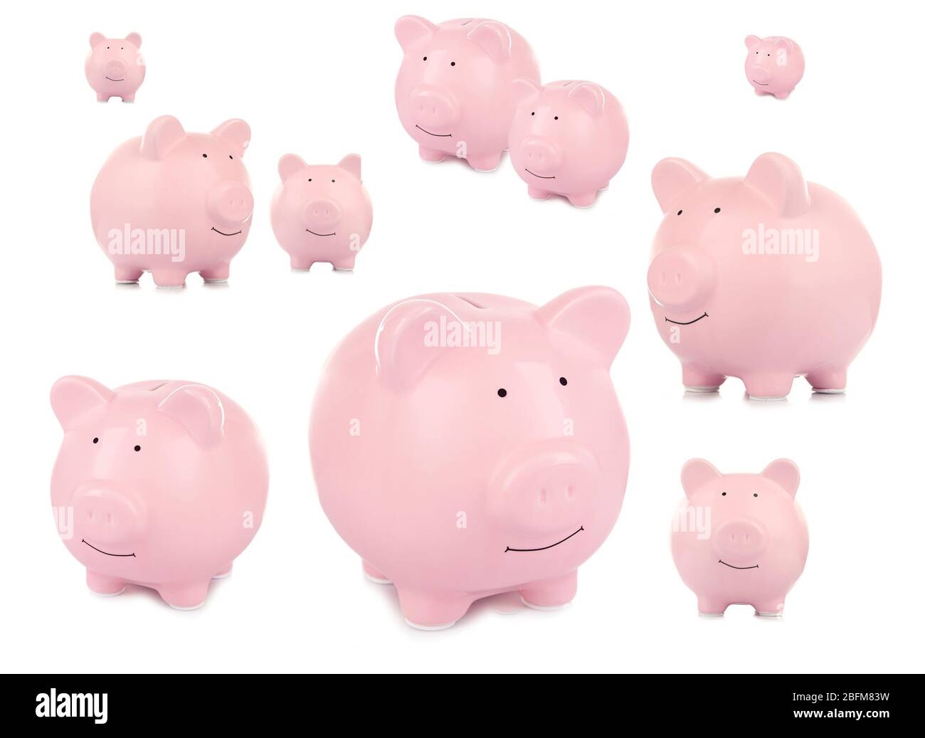 Collage of pink ceramic piggy banks isolated on white Stock Photo - Alamy