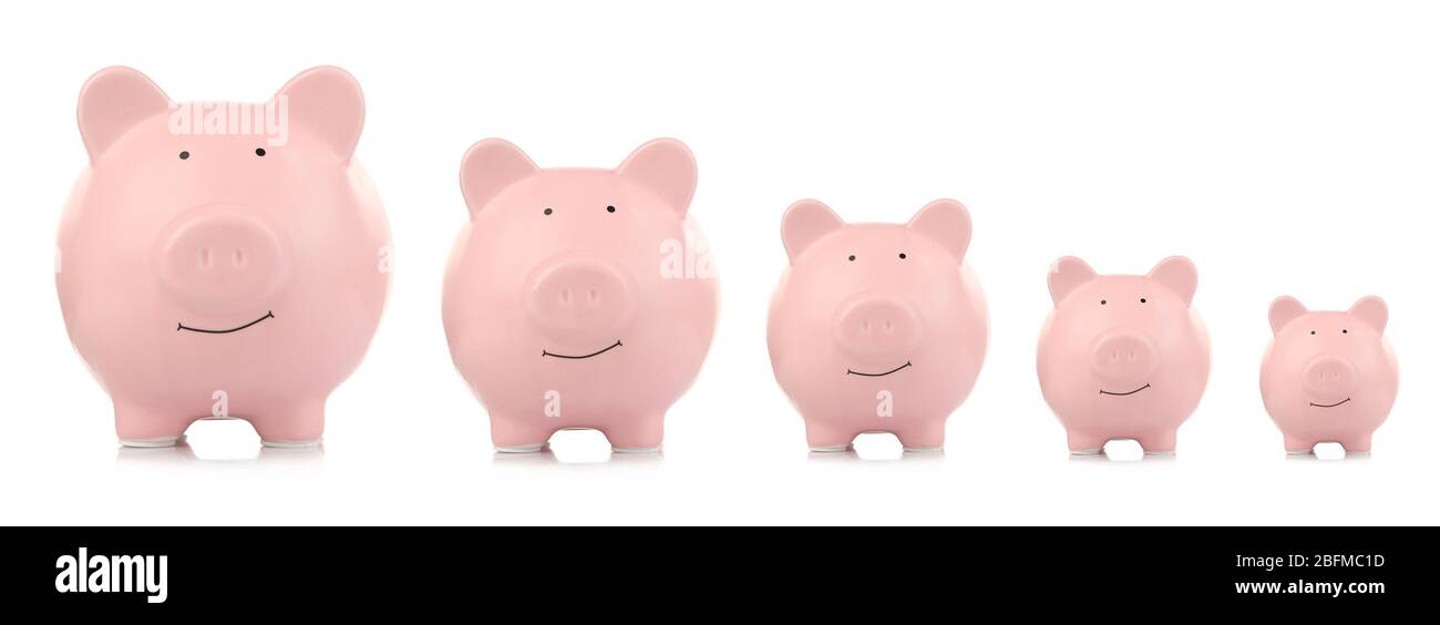 Collage of pink ceramic piggy banks isolated on white Stock Photo - Alamy