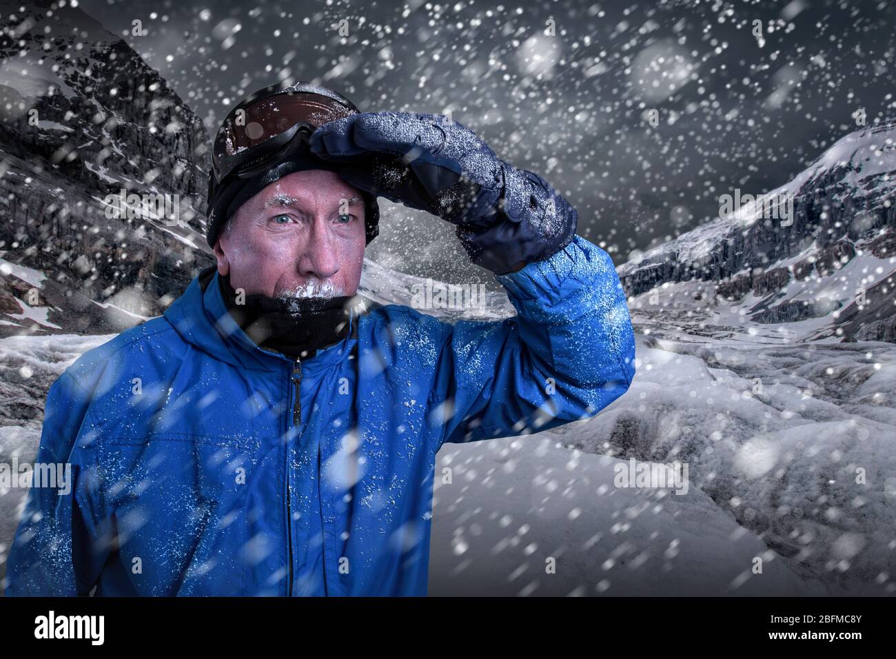 Lost in a blizzard. A conceptual photograph of a lost explorer. Stock Photo