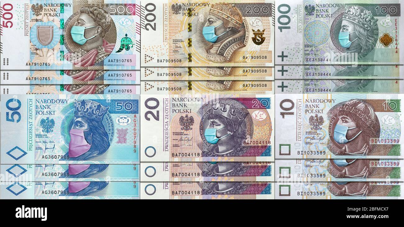 All Polish banknotes with face mask against Coronavirus which hit Polish economy causing recession and bankruptcy of thousands of companies Stock Photo