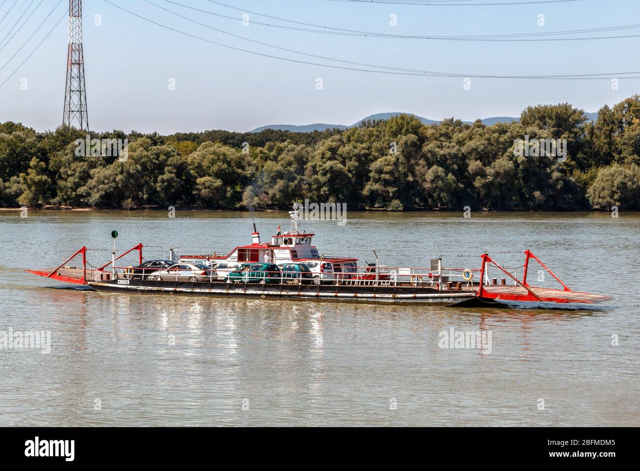 The Dunakeszi - Horany ferry transporting cars across the Danube to Szentendre Island Stock Photo