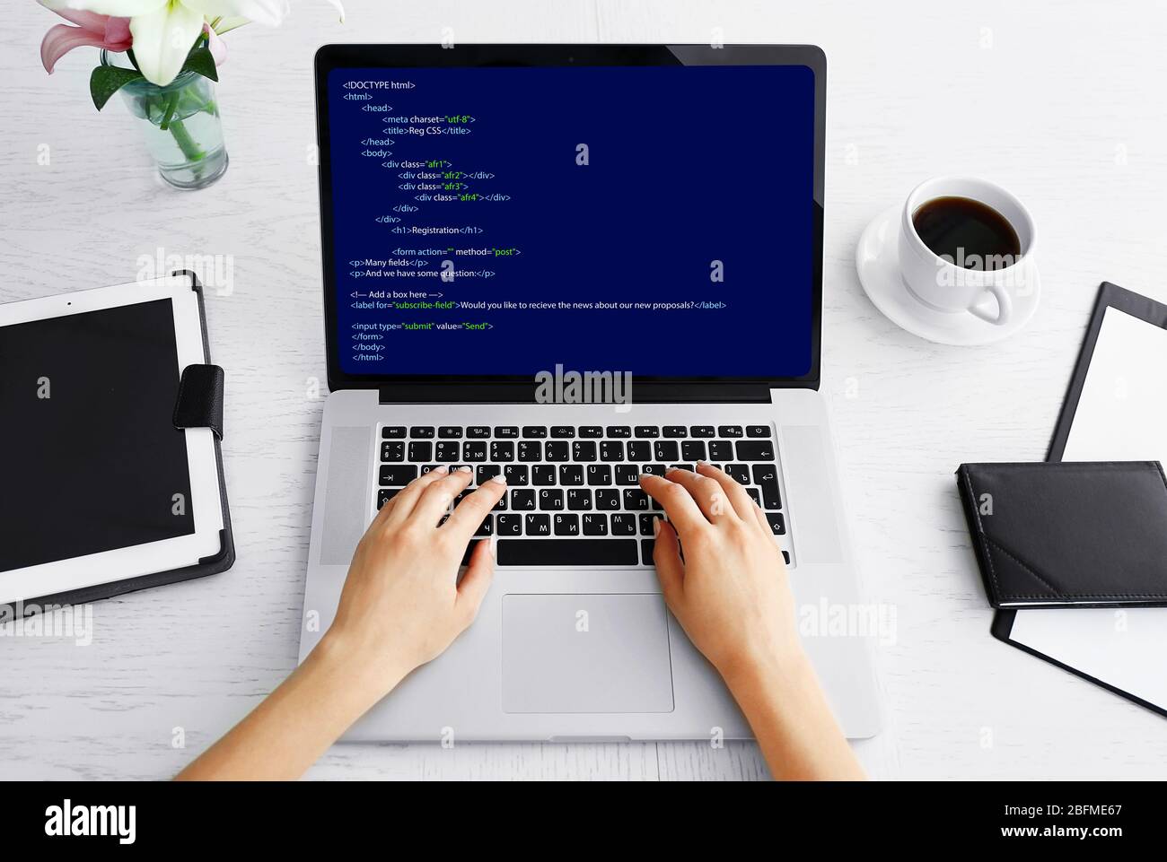 Woman using laptop, writing programming code on laptop Stock Photo
