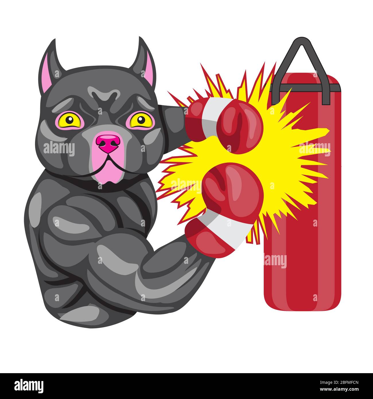 Pit bull dog in Boxing gloves and exercise bag on a white isolated background. Vector image Stock Vector