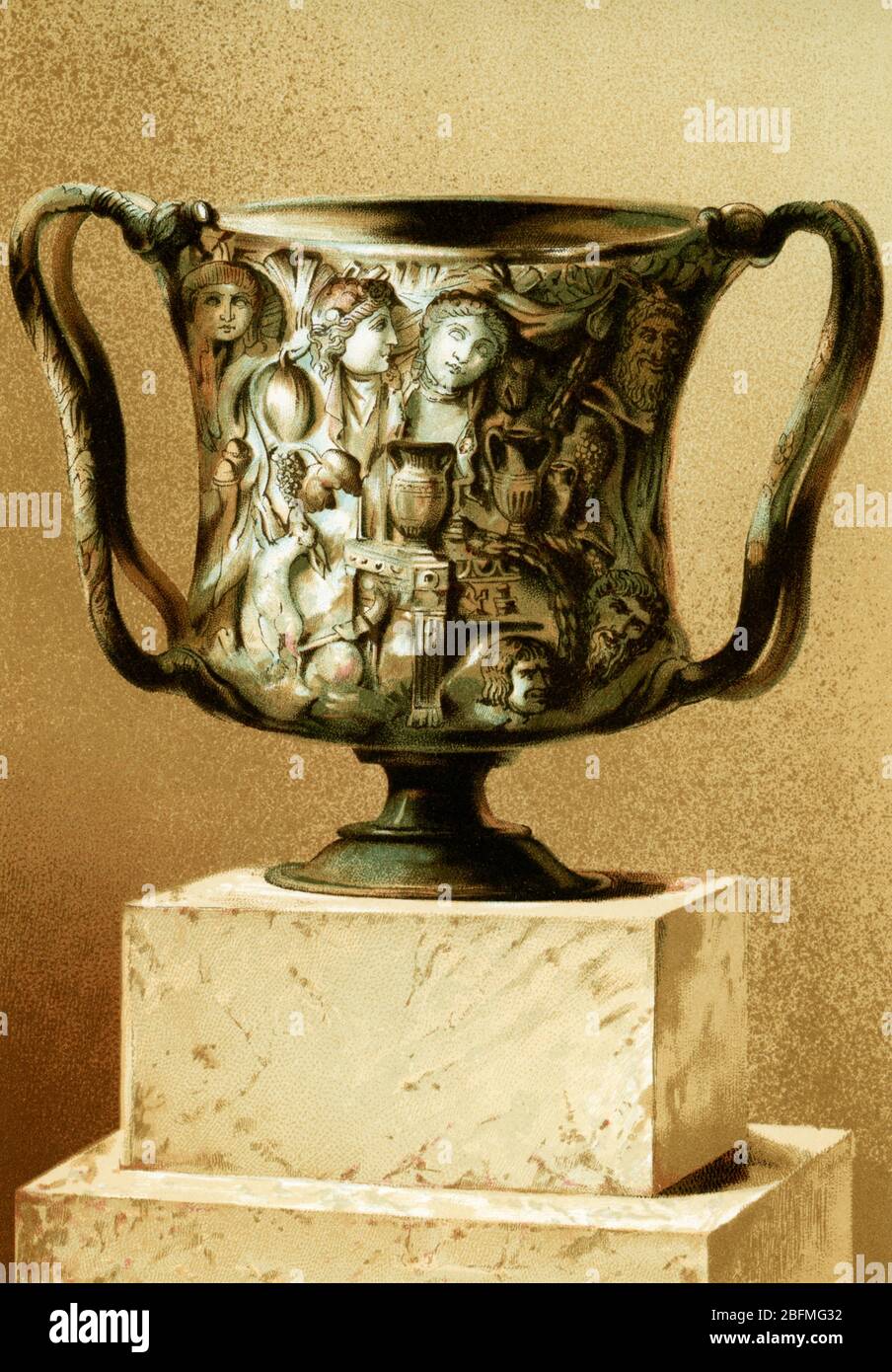 This illustration that dates to the 1880s shows an ancient cup worked in Oriental Sardonyx. This cup was among treasures discovered by a Frenchman named Paul Dubrux and now in the Museum of the Hermitage at St Petersburg. Stock Photo