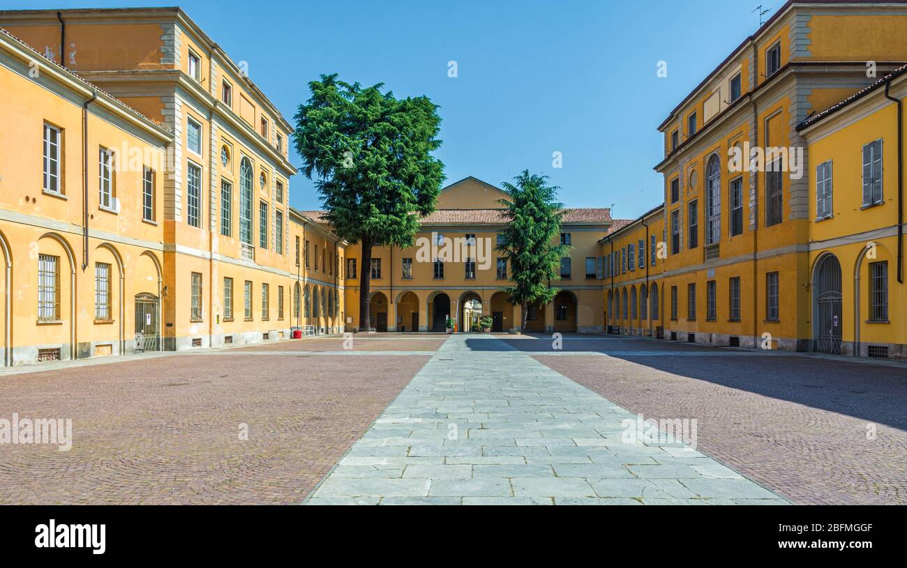 external court of the historic University of Pavia city. The University of Pavia is one of the world’s oldest academic institutions. Northern Italy Stock Photo