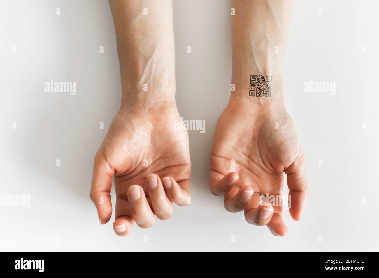 Hand with qr code on wrist. Future of political population control.  Chipization of people Stock Photo - Alamy