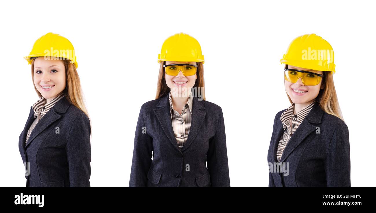 The woman construction worker isolated on white Stock Photo - Alamy