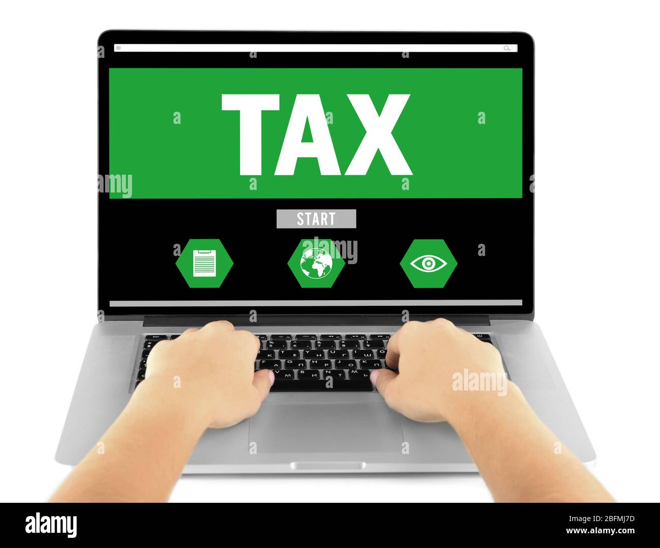 Online Tax payment concept. Female hands working on laptop, isolated on