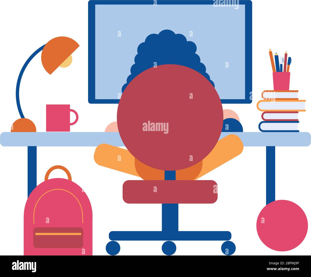 A vector illustration of a kid studying and doing his homework in his bedroom at home Stock Vector