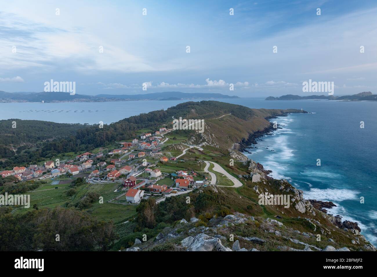 View of the coast of La Vela and the Cies Islands from the O Facho de Donon viewpoint, in Galicia, Spain. Stock Photo