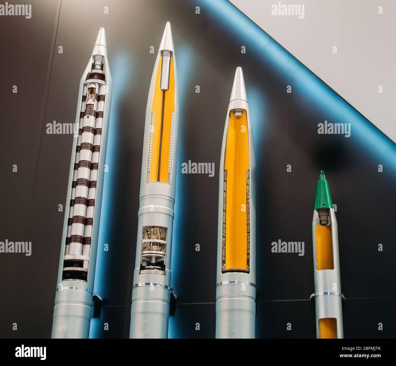 Rockets warheads weapons sectional view inside of the striking elements Stock Photo