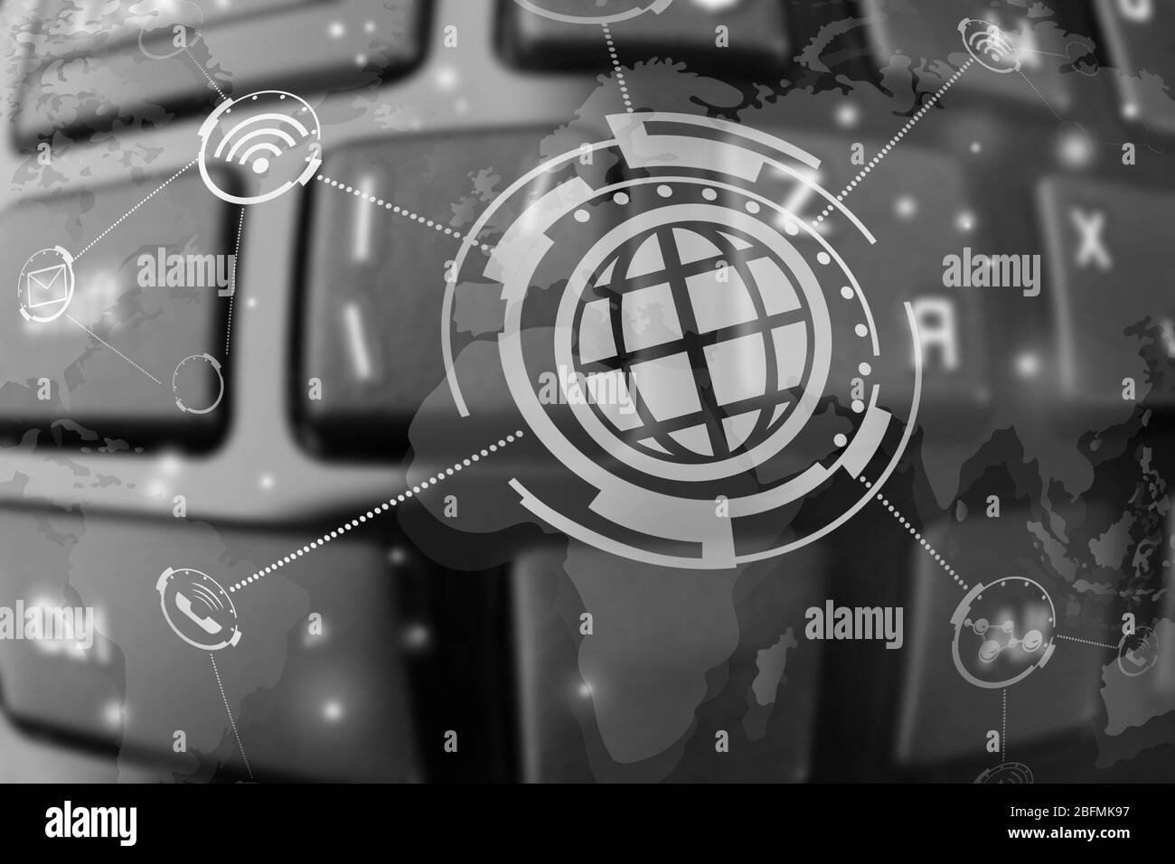 Computer keyboard close up with icons, mobile technology concept Stock Photo