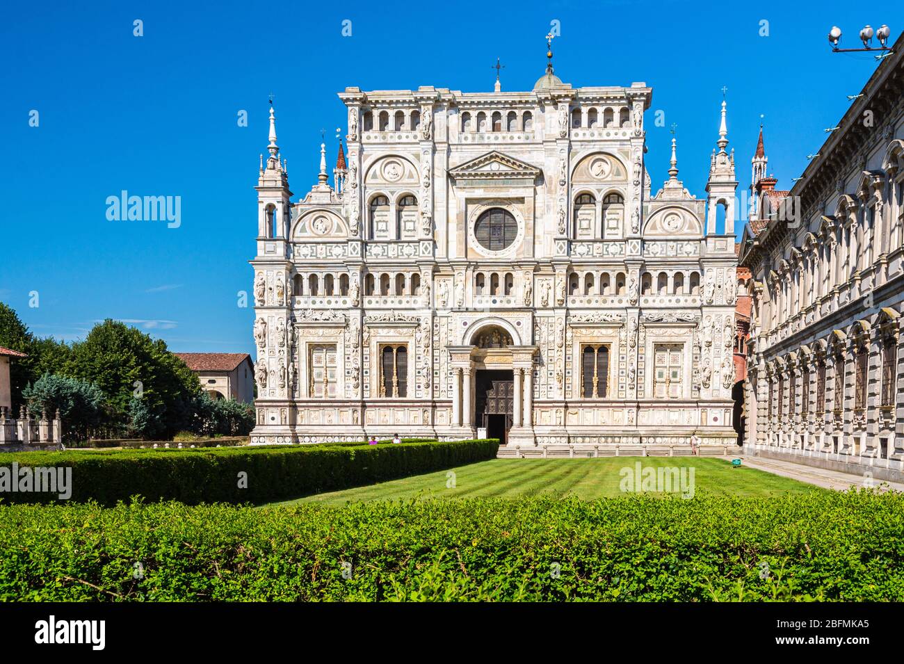 Abbey church, Certosa di Pavia monastery, Lombardy, Italy. View of the Facade. Pavia, northern Italy Stock Photo