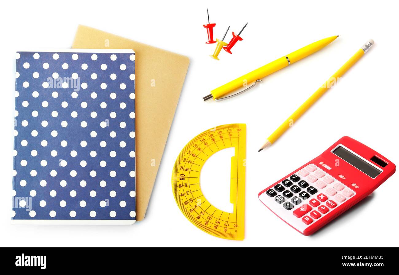 Set of bright school stationery, isolated on white Stock Photo - Alamy