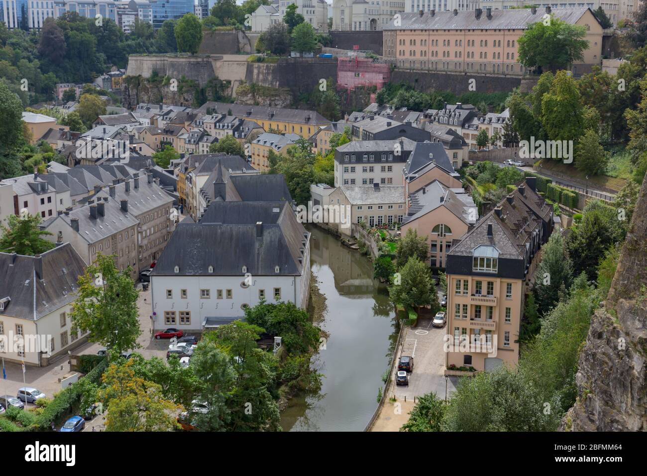 Partial view of the city of Luxembourg and its old fortified medieval city that is located on steep cliffs. Stock Photo